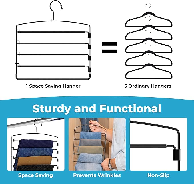 Fontaines Luxury 5 Tier Pants Hangers 4 Pack - Ultra Slim & Space Saving - Heavy Duty Metal Swivel Hook with Swing Arm for Clothing, Jeans, Slacks, Skirts, Leggings & Dress Pant Closet Organization
