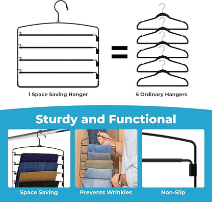 Fontaines Luxury 5 Tier Pants Hangers 4 Pack - Ultra Slim & Space Saving - Heavy Duty Metal Swivel Hook with Swing Arm for Clothing, Jeans, Slacks, Skirts, Leggings & Dress Pant Closet Organization