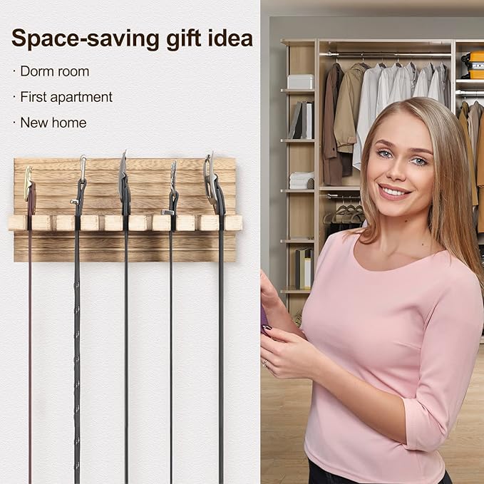 Belt Organizer for Closet, Belt Hanger Wall Mounts to Hold 9 Belts Without Slipping, Space Saving Belt Rack for Closet Organization Includes Mounting Hardware (11.8” x 5.5” x 2.5”) (Wood)