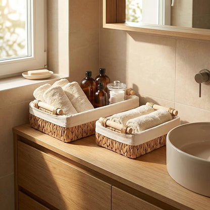 Water Hyacinth Bathroom Baskets for Shelves Set of 2 with Linen Liner & Wooden Handles – Wicker Bathroom Counter Organizer for Vanity, Towels & Toiletries