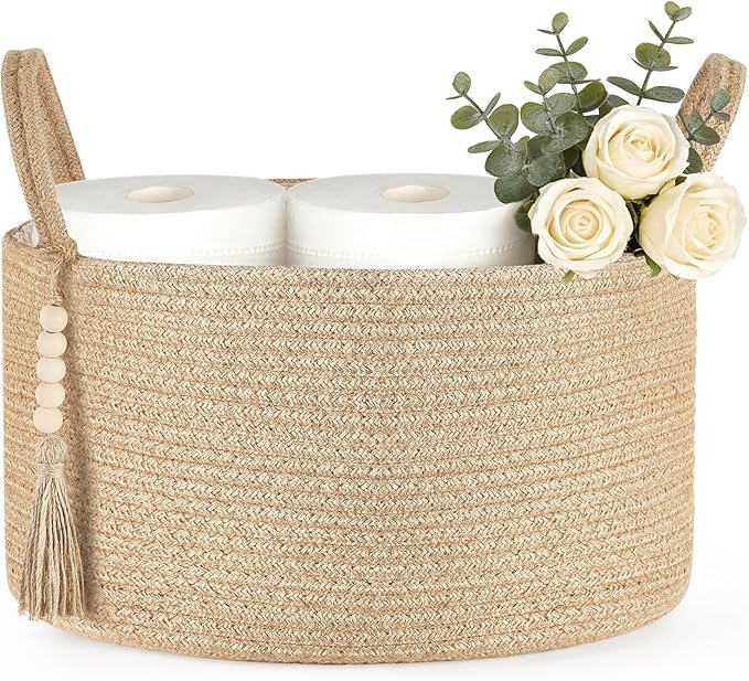 Mkono Storage Basket for Toilet Paper Boho Bathroom Decor Woven Rope Towels Toiletries Tray Organizer with Handles for Shelf Countertop Bedroom Living Room, Jute, 13" L x 10" W x 9" H