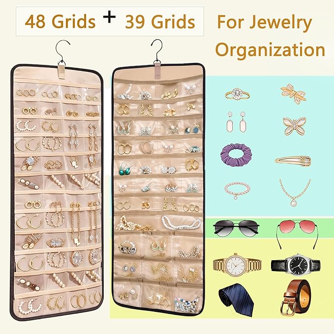 2 Pack Travel Jewelry Organizers and Storage Set: One with 48 Pockets for Earring & Ring, One with 43 Large Pockets for Bracelets & Watches, Hanging Storage Roll with Hanger for Closet Wall