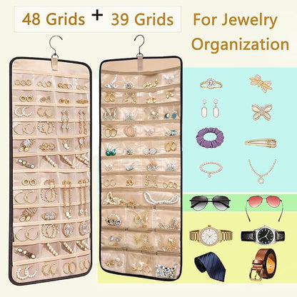 2 Pack Travel Jewelry Organizers and Storage Set: One with 48 Pockets for Earring & Ring, One with 43 Large Pockets for Bracelets & Watches, Hanging Storage Roll with Hanger for Closet Wall