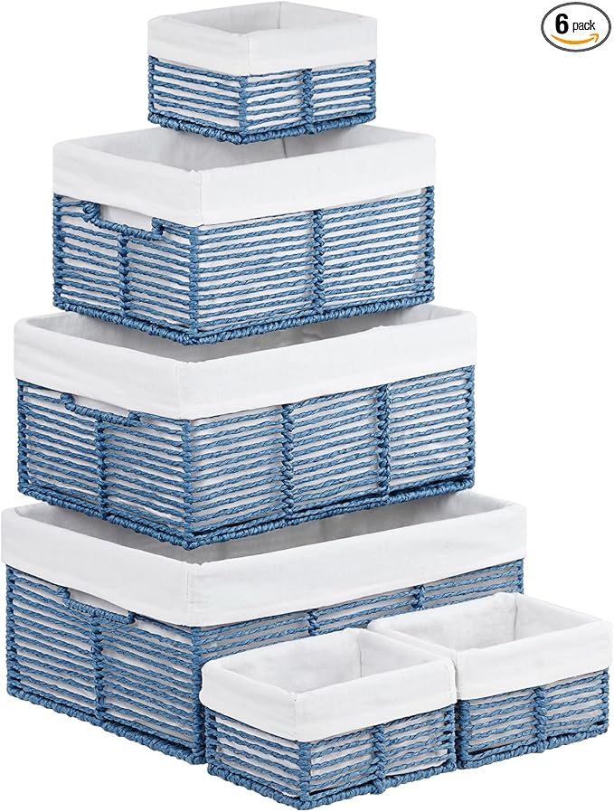 Vagusicc Wicker Storage Basket, 6 Pack Baskets for Organizing, Wicker Baskets with Handle, Rectangular Woven Basket for Storage Shelves, Cube Storage Bins for Closet/Clothes/Dresser, Blue