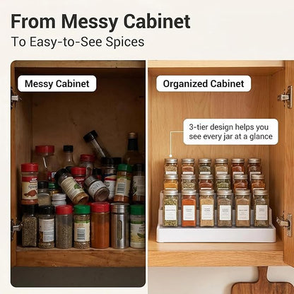 YAN & HIN 3 Tier Spice Rack Organizer for Cabinet, 3 Pack Non-Slip Spice Rack Shelf Organizer, Holds 24+ Jars, Plastic Spice Organizer for Cabinet, Pantry & Kitchen Countertop, White
