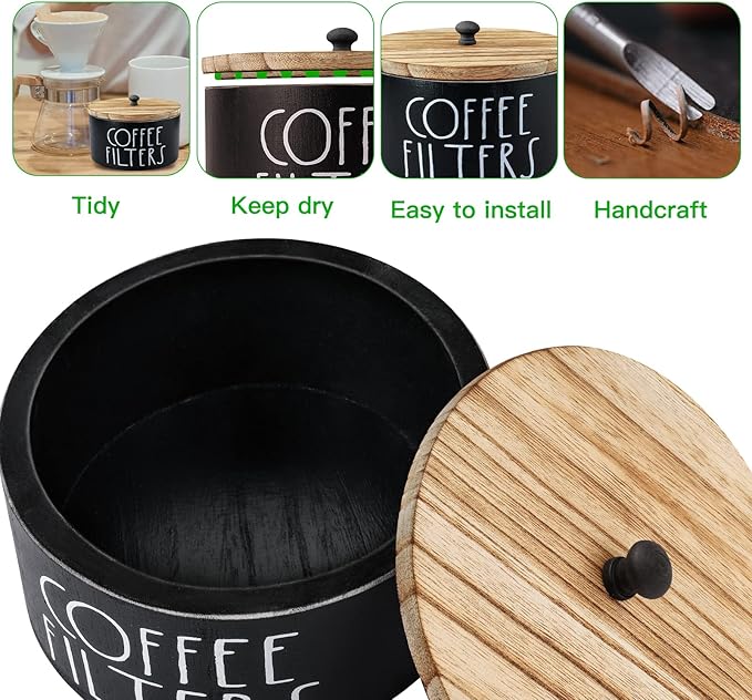 MINCORD Coffee Filter Holder, Wood Coffee Filter Storage Container Dispenser with Lid, Rustic Farmhouse Filters Organizer Basket Accessories for Coffee Bar Counter Decor