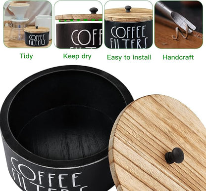 MINCORD Coffee Filter Holder, Wood Coffee Filter Storage Container Dispenser with Lid, Rustic Farmhouse Filters Organizer Basket Accessories for Coffee Bar Counter Decor