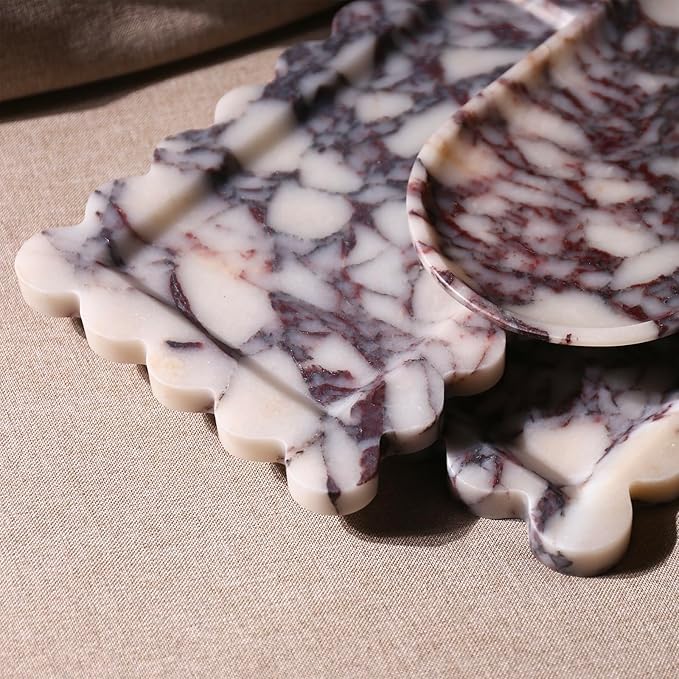 Natural 100% Marble Vanity Tray Luxury Scalloped Marble Storage Square Rectangle Tray for Home Decor Stone Tray for Bathroom Kitchen Candle Key (Square-9.8 * 9.8-Calacatta Viola)