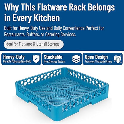 Carlisle FoodService Products OptiClean Combination Flatware Rack for Commercial Dishwashers – Open Bottom Grid Design, Holds Flatware, Ramekins, and Smallwares, 19.75" x 19.75", Blue