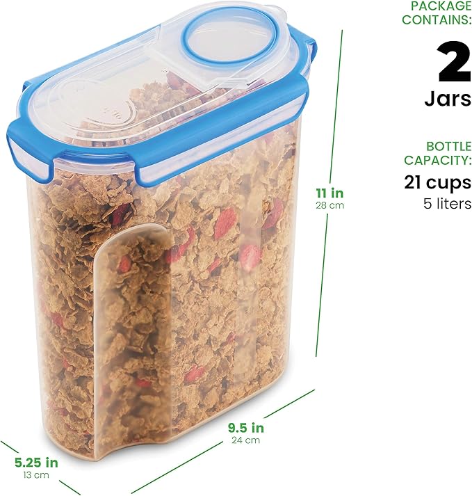 Extra Large Cereal Containers Storage Set - [2 Pack,168oz. 21 cup] Airtight Silicone Sealed Locking Lids extents freshness - Space Saving Kitchen Pantry Containers - Food storage containers For Flour.