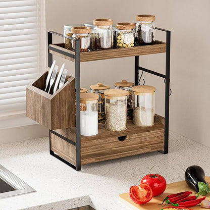 Kottwca 2-Tier Bathroom Counter Organizer with Drawer, Basket & Hooks, Wooden Vanity Shelf for Skincare, Perfume & Makeup Storage(Dark Brown)