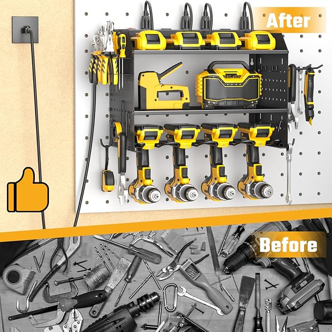 ZESEN Power Tool Organizer Wall Mount, 3 Layer Charging Station with 6 Outlets, 4 Drill Holders and Drill Bit Rack, Tool Holder Storage Shelf Rack for Garage, Workbench and Workshop, Black