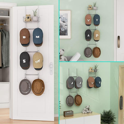 HapiRm Over Door Hat Rack - Wall Mounted Hat Organizer with 6 Hooks and Metal Basket Design, Baseball Cap Organizer Storage Holder Up to 32 Caps for Door, Bedroom, Closet (Sliver)