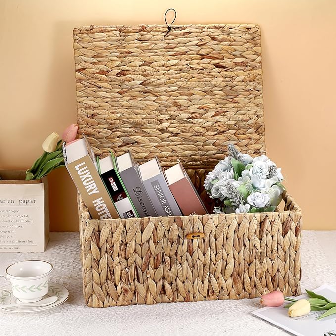 Hipiwe Handwoven Wicker Basket Natural Water Hyacinth Storage Bin with Lid Decorative Shelf Basket with Handles for Closet Living Room Bathroom, 17.0" L x 13.2" W x 7.0" H