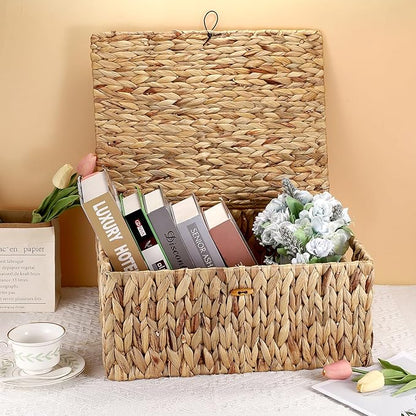 Hipiwe Handwoven Wicker Basket Natural Water Hyacinth Storage Bin with Lid Decorative Shelf Basket with Handles for Closet Living Room Bathroom, 17.0" L x 13.2" W x 7.0" H