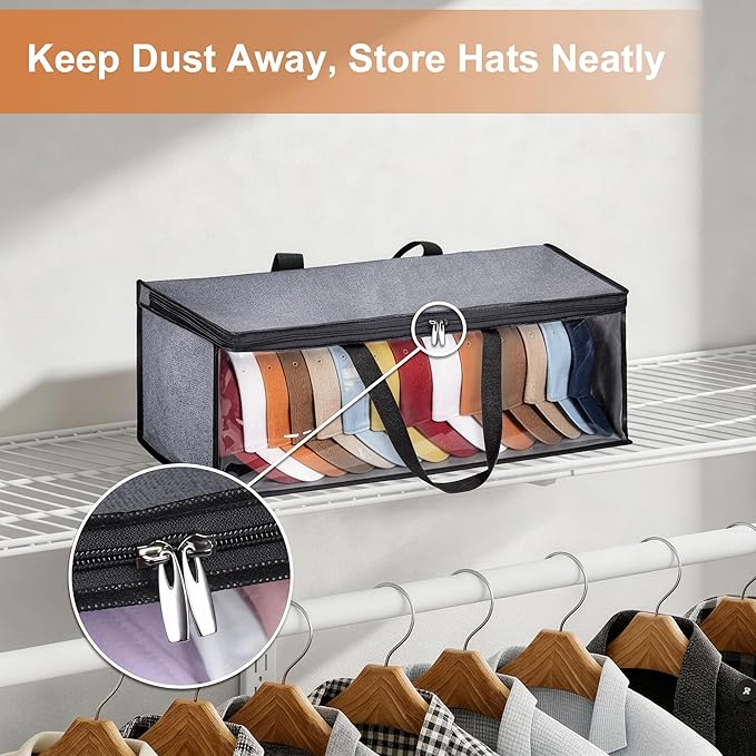 KIMBORA 2 PCS Wide Hat Storage for Baseball Caps Organizer with 2 Sturdy Handles Hat Racks Holder Grey Capbox Stackable for Home Travel