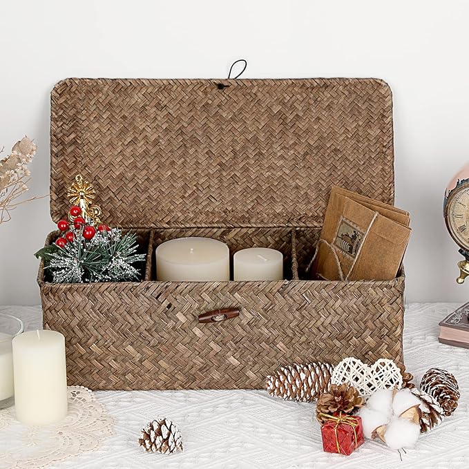 Hipiwe Storage Basket with Lid Toilet Tank Basket Holder Handwoven Wicker Basket Home Organizer Bin for Shelves Bathroom Closets Kitchen, Coffee