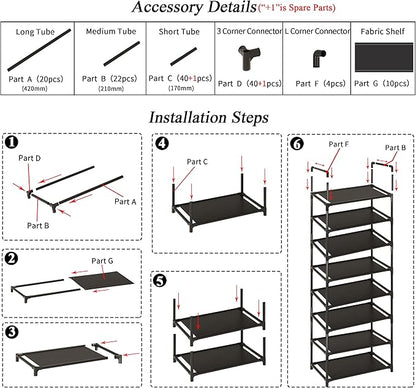 10-Tier Tall Shoe Rack for Closet, Entryway, Adjustable Sturdy Durable Shoe Shelf,Narrow Shoe Stand Organizer (18" W×10" D×72.8" H,Black)
