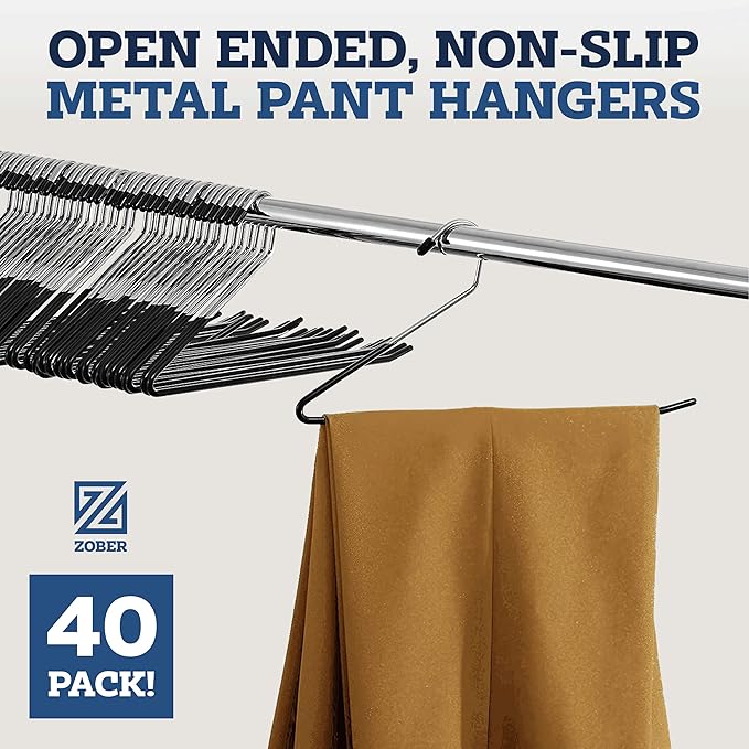 Zober Pants Hangers Non Slip - Open Ended Pants and Jean Hangers for Closet - Space Saving Clothes Hanger - Strong, Durable, Metal Pant Hangers (Black)