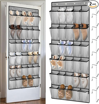 VZZNN 2-Pack Over Door Shoe Rack, 30 Compartment Breathable Mesh Hanging Organizer for Closet (Gray)