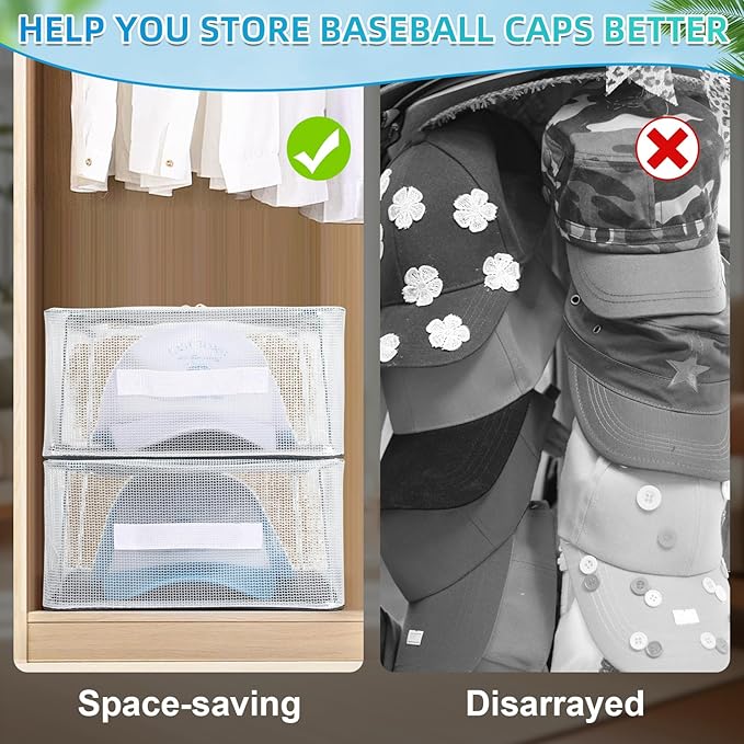Chunful 4 Baseball Hats Storage Organizer with Window Lid Foldable Clear Snapback Baseball Caps Holder Box with Zipper Stackable Display Storage Containers Case for Closet Shelf, Each Holds 12 Hats