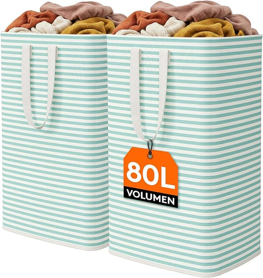 Lifewit 2 Pack Laundry Basket 80L Each, Collapsible Clothes Hamper with Reinforced Handles, Freestanding Waterproof Design for Bedroom and Laundry Room, Sage Green 160L Total