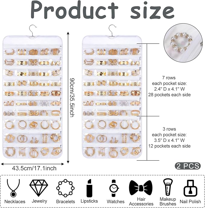 2 Pack Hanging Jewelry Organizer 80 Zippered Pockets 80-Pocket Dual-sided Jewelry Storage for Necklace Bracelet Earring RingsTravel Holder - White