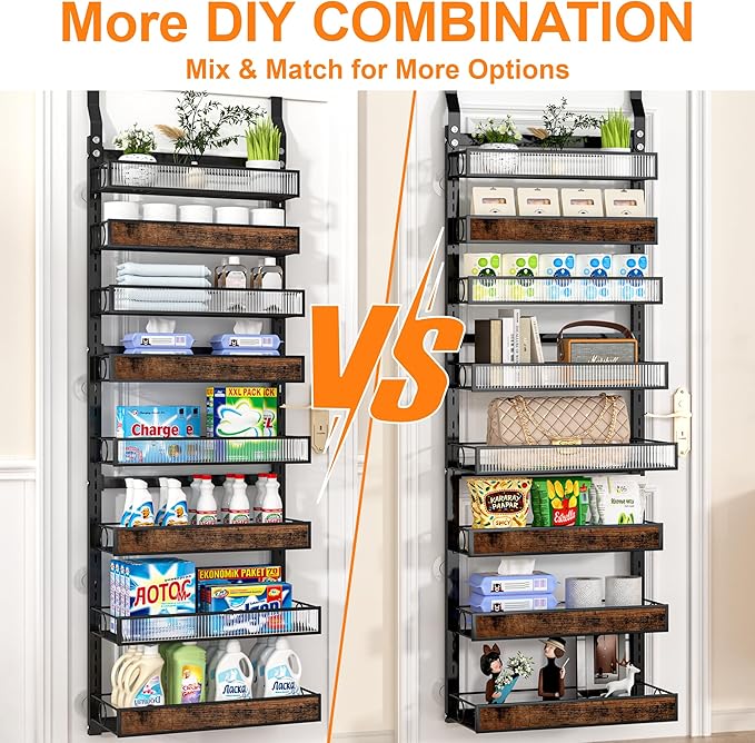 8 Tier Pantry Door Organizer Spice Rack, 2-IN-1 Wall Mount or Hanging Over Door Seasoning Organizer with Adjustable Baskets, Heavy Duty Behind Door Storage Shelves for Pantry, Cabinet and Kitchen
