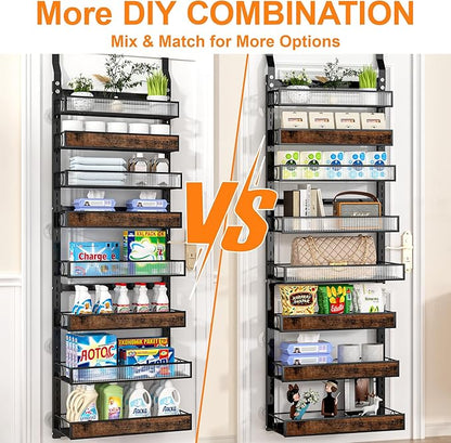 8 Tier Pantry Door Organizer Spice Rack, 2-IN-1 Wall Mount or Hanging Over Door Seasoning Organizer with Adjustable Baskets, Heavy Duty Behind Door Storage Shelves for Pantry, Cabinet and Kitchen