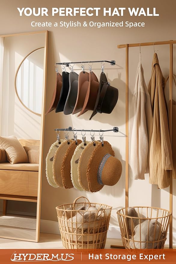Cowboy Hat Rack for Wall Cowboy Hats Hook with 12 Clips Metal Cowboy Hat Hanger for Bucket Baseball Caps Sunhat Winter Beanies Fedora Hat Organizer Hat Holder on Wall Women Men Closet Black 2 Pcs