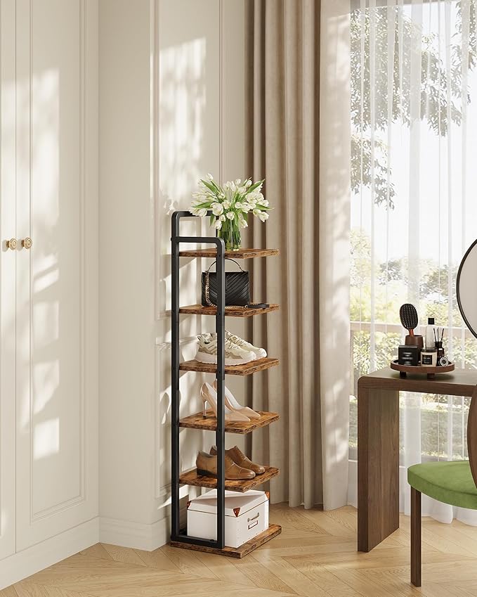 CHOEZON 6-Tier Vertical Shoe Rack, Narrow Shoe Tower, Corner Shoe Storage Organizer, Shoe Shelf, for Small Spaces, Industrial Style, for Entryway, Hallway, Living Room, Rustic Brown and Black TXJ06BF