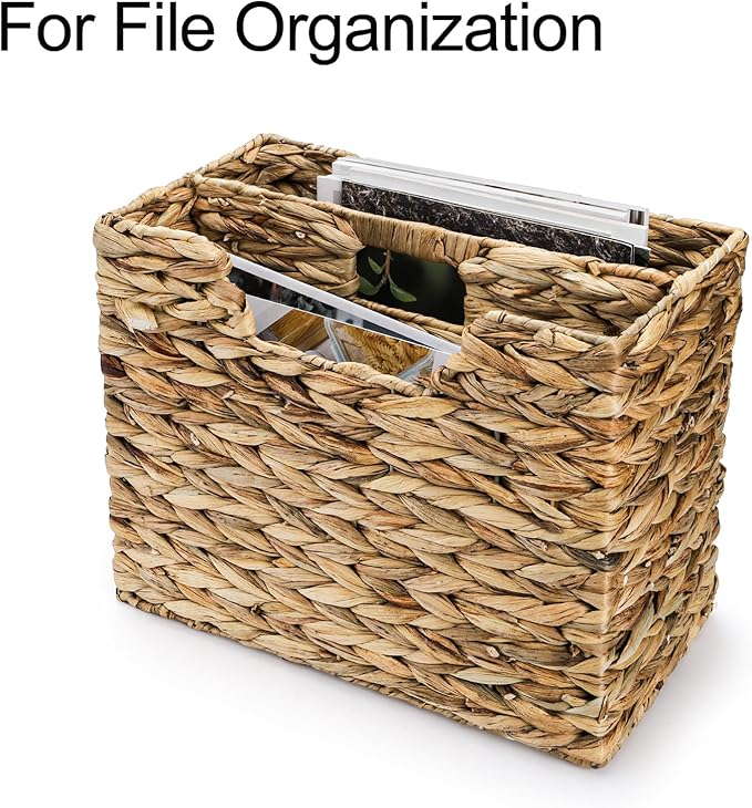 Yesland Hand-Woven Magazine Basket, Natural Narrow Water Hyacinth Holder Magazine Wicker Basket Organizer for Files, Decorative Divided Magazine Storage Basket Bin with Handle for Home, Office, Desk