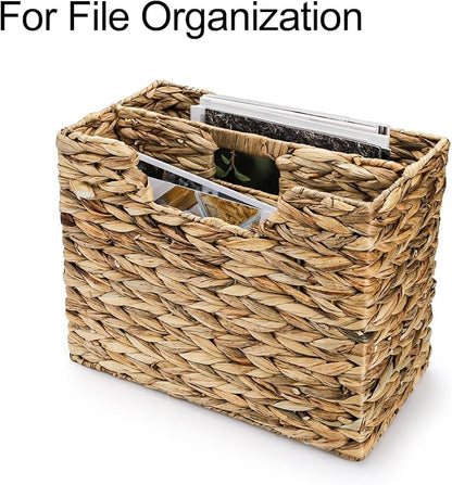 Yesland Hand-Woven Magazine Basket, Natural Narrow Water Hyacinth Holder Magazine Wicker Basket Organizer for Files, Decorative Divided Magazine Storage Basket Bin with Handle for Home, Office, Desk