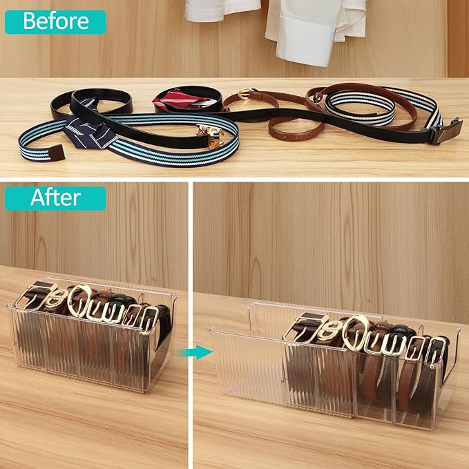 Clear Belt Organizer, Extendable Acrylic Belt Storage Holder with Adjustable Dividers, Belts Storage Container for Drawer and Closet Organization