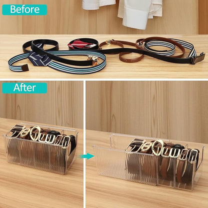 Clear Belt Organizer, Extendable Acrylic Belt Storage Holder with Adjustable Dividers, Belts Storage Container for Drawer and Closet Organization