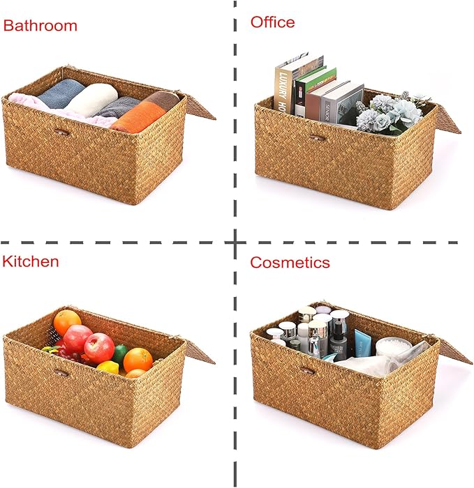 Hipiwe Wicker Shelf Baskets Bin with Lid, Handwoven Seagrass Basket Storage Bins Rectangular Household Basket Boxes for Shelf Wardrobe Home Organizer, Caramel X-Large