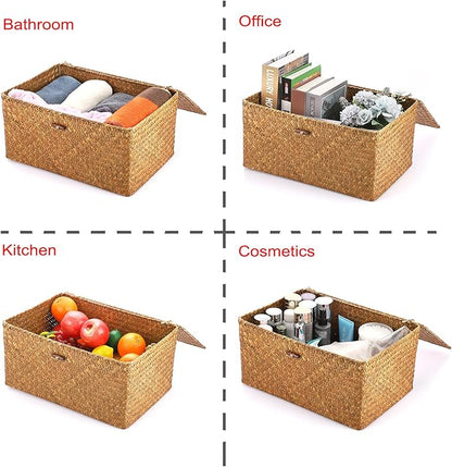Hipiwe Wicker Shelf Baskets Bin with Lid, Handwoven Seagrass Basket Storage Bins Rectangular Household Basket Boxes for Shelf Wardrobe Home Organizer, Caramel X-Large