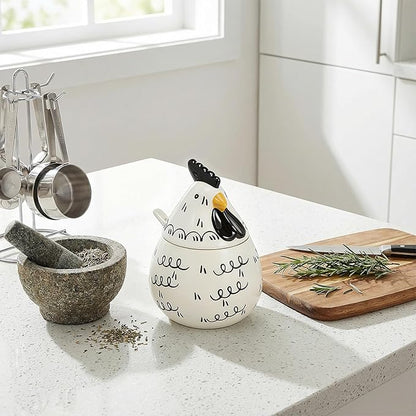 Ceramic Salt Cellar with Lid and Spoon,17oz Large Chicken Rooster Cookie Jar Salt Containers Holder for Countertop Spices,Cute Farmhouse Kitchen Decor,Spice Jar for Coffee,Sugar,Spices,Candies (#B)