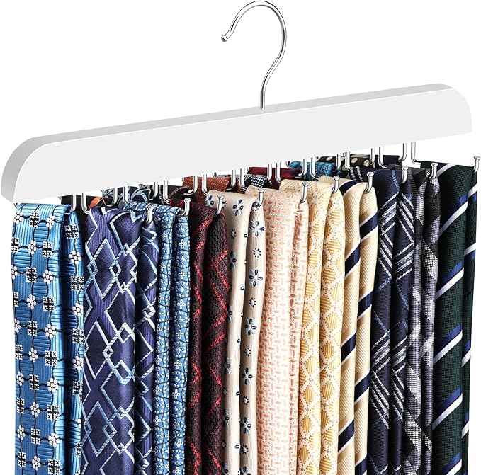 RESOVO Upgraded Tie Rack Hanger with 20 Foldable Metal Hooks, Space Saving Necktie Organizer for Men – Large Capacity Tie and Belt Wooden Hanger for Closet - White