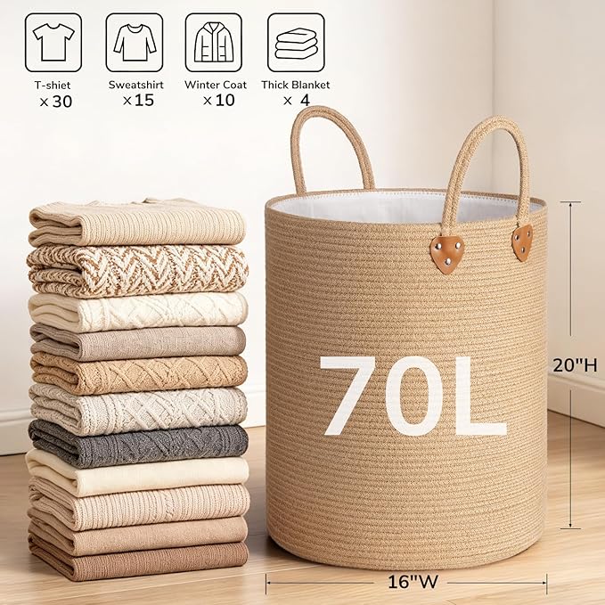 CHICVITA 70L Large Laundry Basket for Clothes, Jute Srorage Basket for Blankets Living Room, Tall Laundry Hamper for Home Décor, Wicker Woven Baskets for Nursery Toy Storage, 16" X 16" X 20"