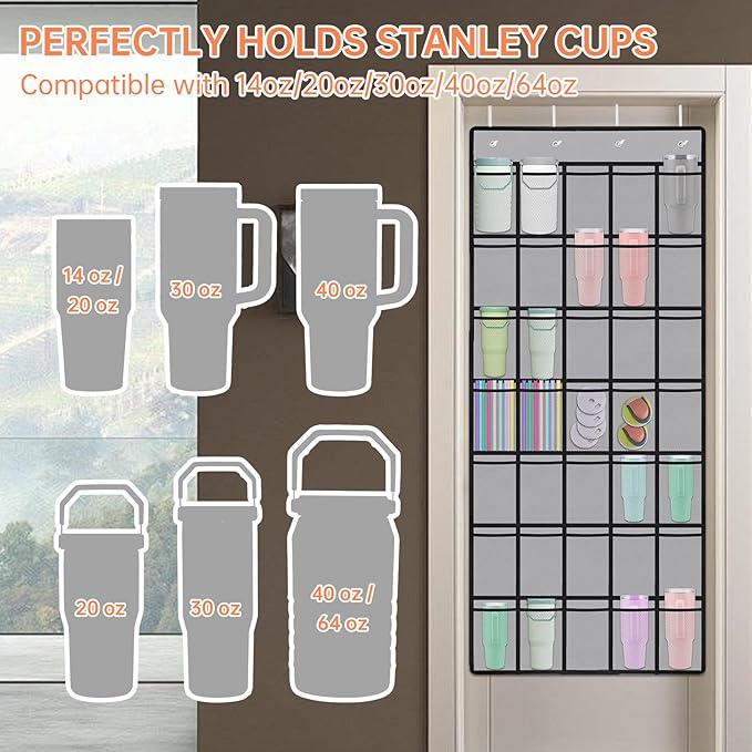 NiHome Multi-Functional 35 Pockets Door Hanging Organizer Fit for Stanley Tumbler in Kitchen, Pantry, Bathroom, Large Capacity Elastic Mesh Secure Storage Water Bottle Cup Holder, Foldable (Gray)