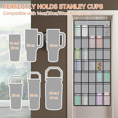 NiHome Multi-Functional 35 Pockets Door Hanging Organizer Fit for Stanley Tumbler in Kitchen, Pantry, Bathroom, Large Capacity Elastic Mesh Secure Storage Water Bottle Cup Holder, Foldable (Gray)