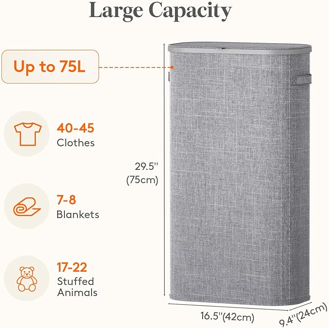 Lifewit Slim Laundry Basket with Lid, Narrow Large Laundry Hamper with Plastic Handles and Removable Bag, Tall Foldable Dirty Clothes Hampers for Laundry Room, Bedroom, Bathroom, Dorm, 75L Gray