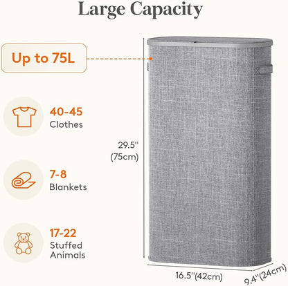 Lifewit Slim Laundry Basket with Lid, Narrow Large Laundry Hamper with Plastic Handles and Removable Bag, Tall Foldable Dirty Clothes Hampers for Laundry Room, Bedroom, Bathroom, Dorm, 75L Gray
