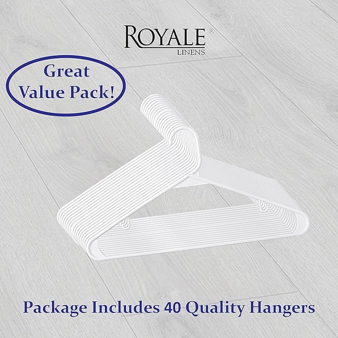 Royale Linens Plastic Hangers 40 Pack - White Clothes Hanger with Hooks – Heavy Duty Space Saving Coat Hangers Ideal for Everyday Use for Tops, Skirt, Dress, Shirts, Pants