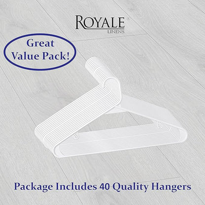 Royale Linens Plastic Hangers 40 Pack - White Clothes Hanger with Hooks – Heavy Duty Space Saving Coat Hangers Ideal for Everyday Use for Tops, Skirt, Dress, Shirts, Pants