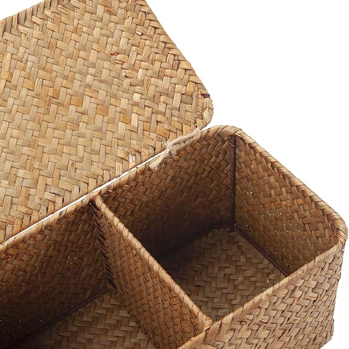 Seagrass Toilet Tank Basket with Lid Bathroom Toilet Paper Storage Baskets with 3 Sections for Organizing (16.5 x 5.5 x 5.5 inch)
