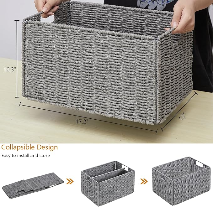Vagusicc Wicker Storage Basket, Set of 2 Hand-Woven Paper Rope Wicker Basket, Small Storage Baskets for Organizing Toilet Paper Basket, Foldable Large Cube Storage Organizer Bins for Shelves (Grey)