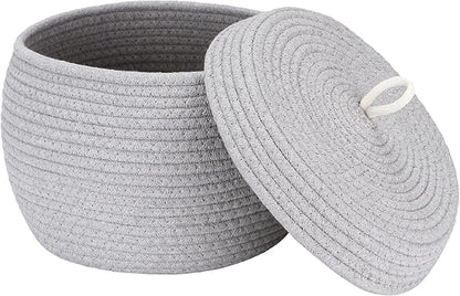 Sea Team Round Cotton Rope Storage Basket with Lid, Decorative Woven Storage Bin, Pot, Caddy, Organizer, Container for Snacks, Towels, Plants, 10 x 7.5 Inches (Small, Grey)
