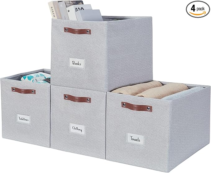 DECOMOMO Storage Baskets, 13x15x13 Storage Cube Bins with Labels for Organizing Shelves (Kallax / 4pcs, Light Grey)
